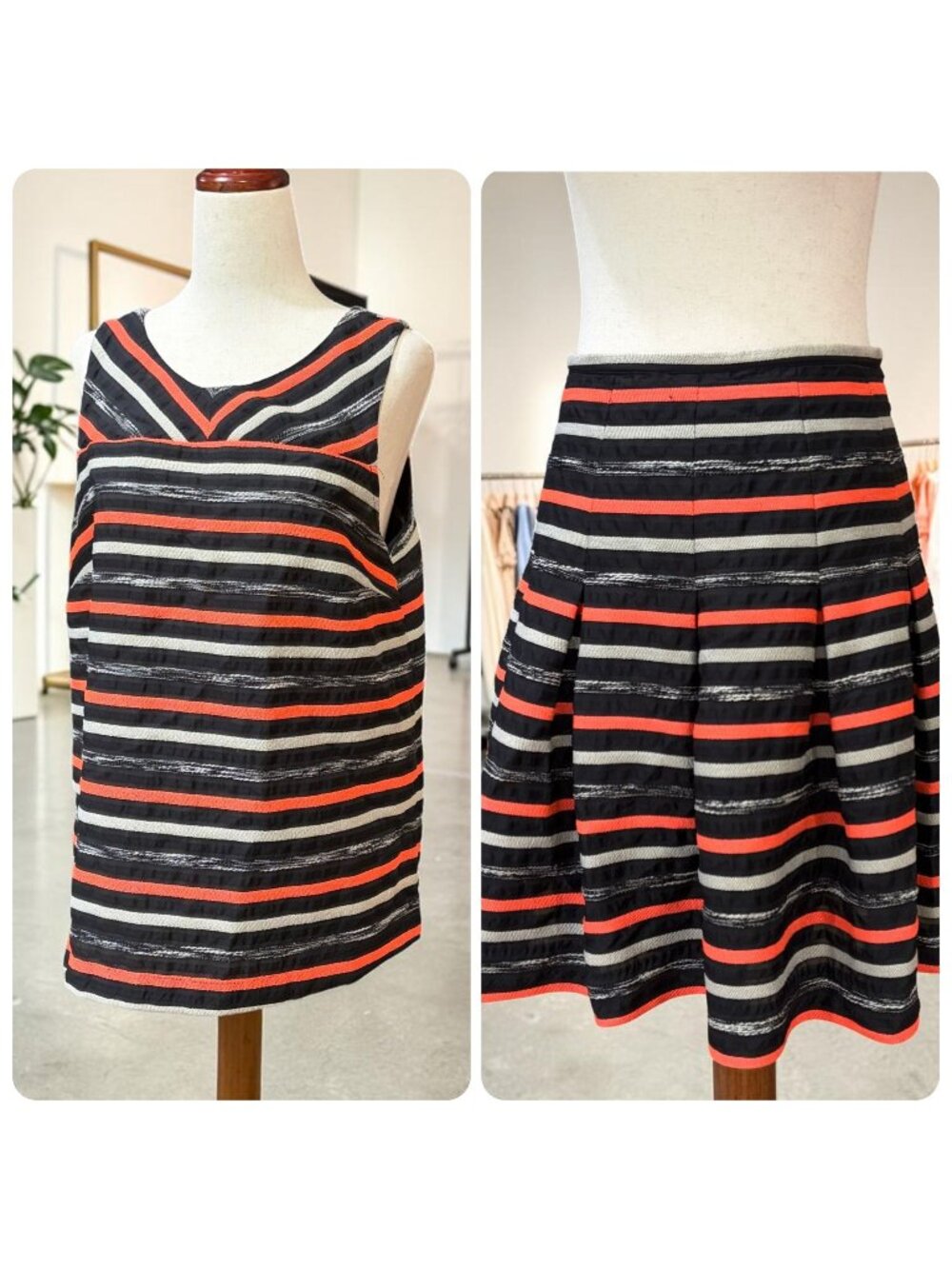 HD in Paris Anthropologie Striped Two Piece Set Top Skirt Black Orange Size 8